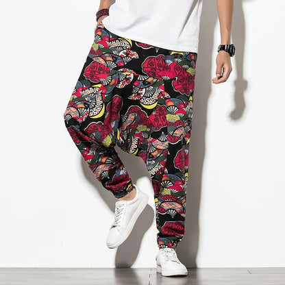 Prints Cotton Joggers Men Baggy Hippie Boho Drop Pants fan flower