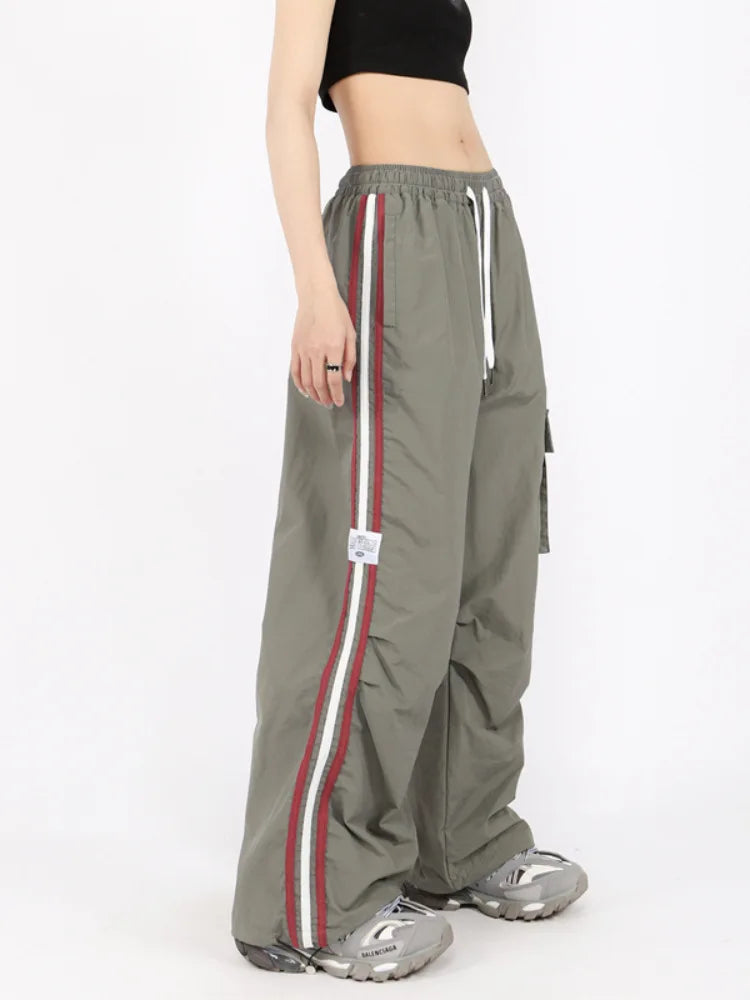 Y2K Kpop Cargo Pant Women Drawstring Pockets Wide Leg Chic Punk Pants Baggy Striped Sports Sweatpants Parachute Jogger Trousers