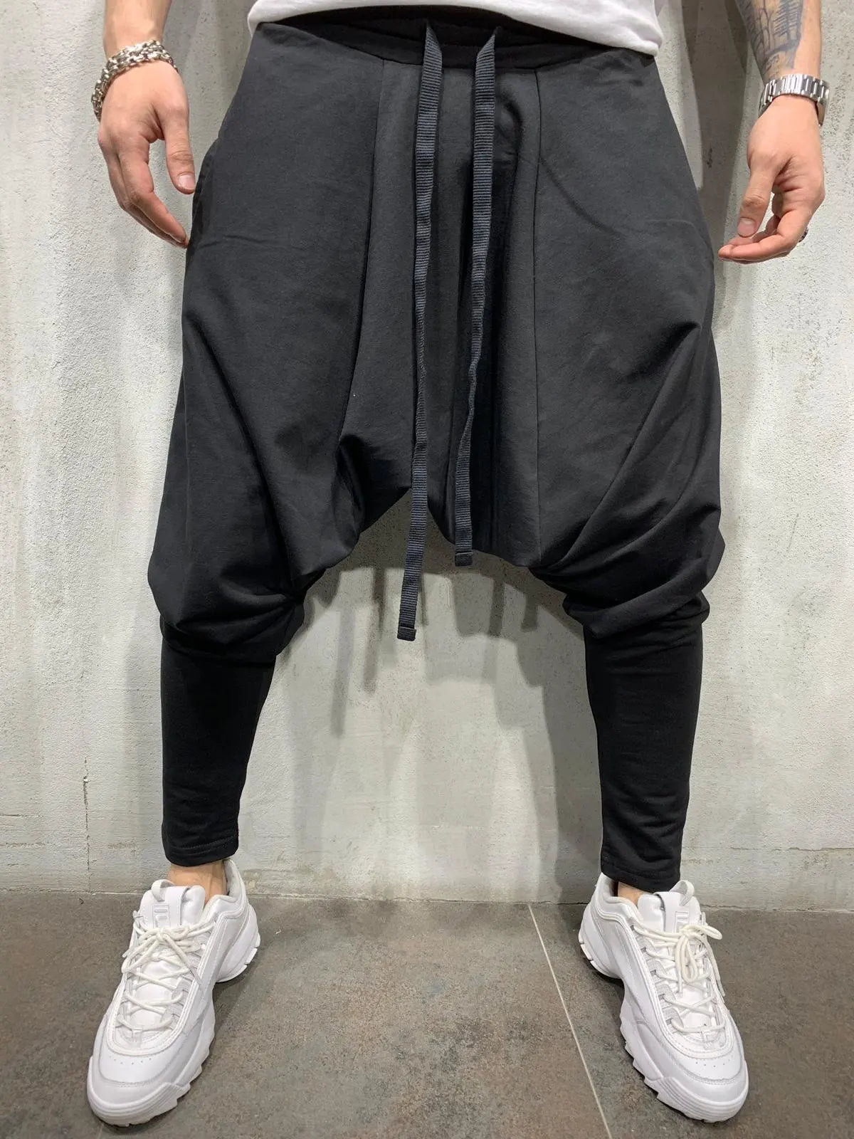 Mens Clothing Men's New Hip-hop Trend Trousers European American Loose Solid Color Feet Street Sports Casual Harem Pants Black