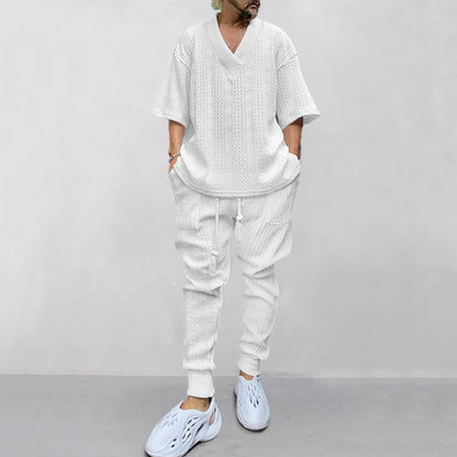 New Casual Loose 7/4 Sleeve Jacquard Knitted Shirt Top Long Pants Men's Set white