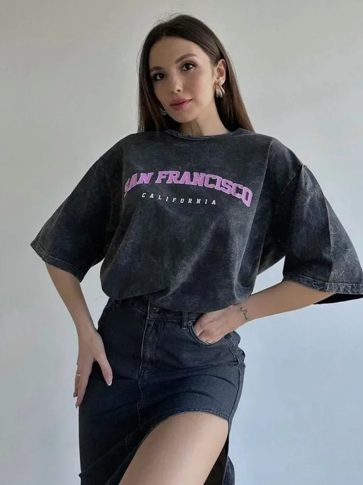 Acid Washed T Shirt Women Vintage Cotton T-shirts Streetwear Soft Mineral Tees Girl Loose Luxury Brand Tops Y2k 4