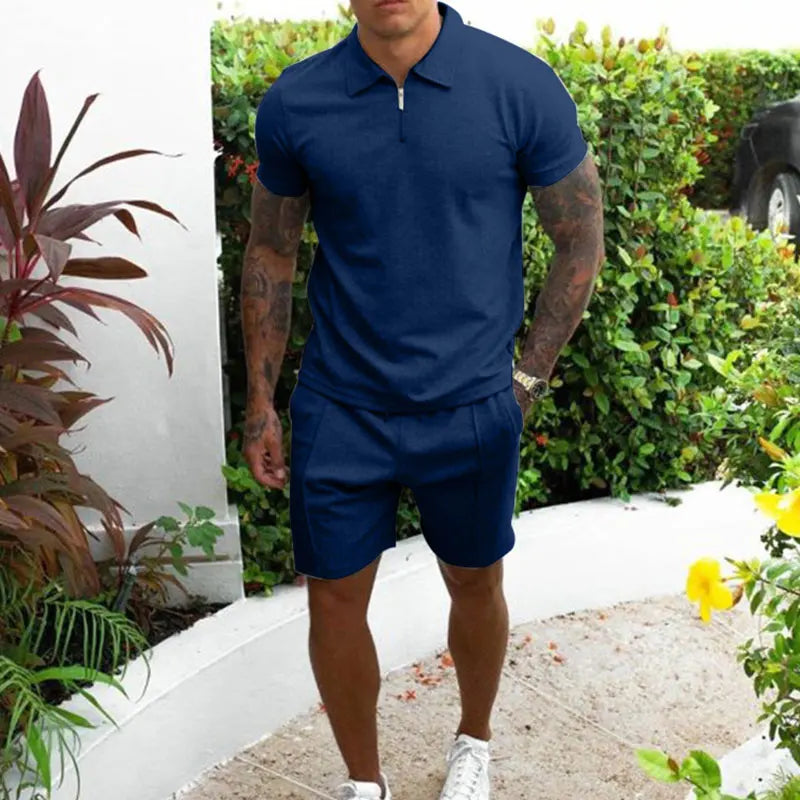 Summer Clothing Men's Luxury Tracksuit Set Casual Short Sleeve Solid Color Polo Shirt+Shorts Streetwear 2 Piece Suit 2024 New Navy Blue