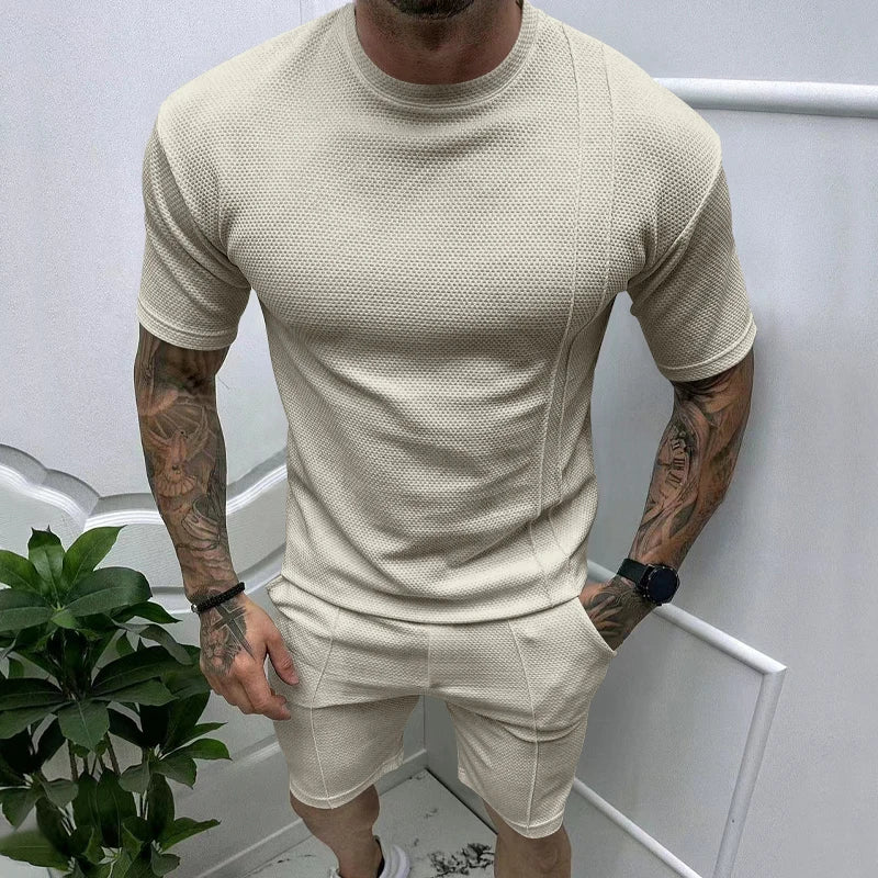 Summer New Men's Pullover Round Neck T-shirt Sports Casual Top Men's Short sleeved Shorts Set Khaki