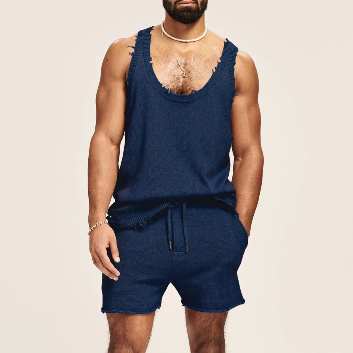 Men's Suit Two-piece Sets Knitted Sleeveless Tank Top Shorts Casual Sports Fashion Suit Streetwear Men's Fashion Tracksuit Dark Blue