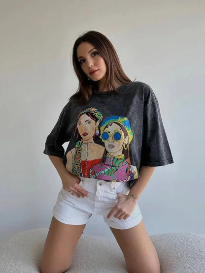 Acid Washed T Shirt Women Vintage Cotton T-shirts Streetwear Soft Mineral Tees Girl Loose Luxury Brand Tops Y2k Orange