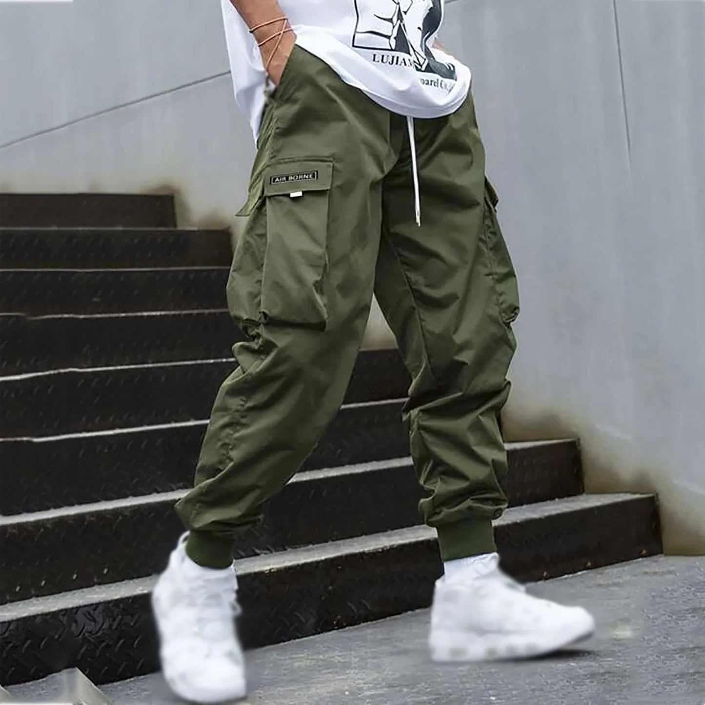 Men's Baggy Thin Flap Pockets Adjustable Drawstring Waist Cargo Pants, Street Trendy Boyfriend Style Tactical Military Army Utility Jogger Trousers, Men Bottoms, Cozy Fall Outfits, Men's Clothing, Men Gifts, Please Purchase A Size Up AG