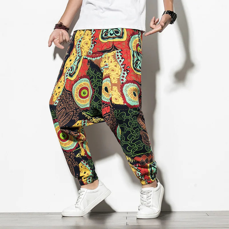 Prints Cotton Joggers Men Baggy Hippie Boho Drop Pants