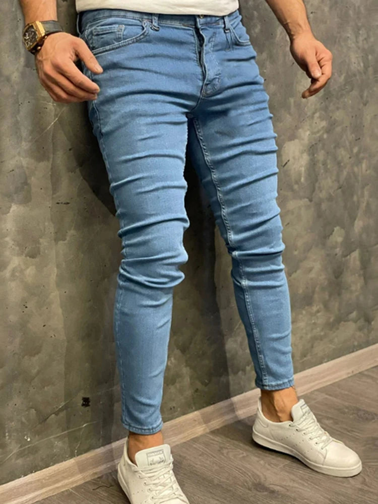 Mens Black Jeans Slim fit Man Pants Streetwear Fashion Gray Tight Jeans Vintage Trousers Skinny Stretch Jean Light Blue CHINA