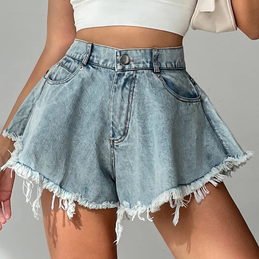 Women Denim Shorts feminino Wide Leg Flare Fringe Trendy Hot Distressed 6010