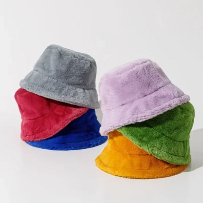 Winter Rabbit Plush Fisherman Hats Colorful Girl Fashion Bucket Hat Warm Windproof Cold-proof Wide Brim Lady Women Artist Cap