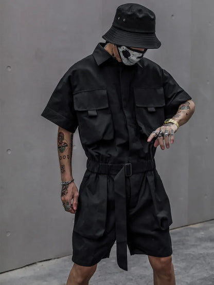 HOUZHOU Techwear Short Jumpsuit for Men Black Bodysuits Overalls Men Green Male Japanese Streetwear Summer Pockets Hip Hop