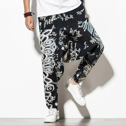 Prints Cotton Joggers Men Baggy Hippie Boho Drop Pants Black