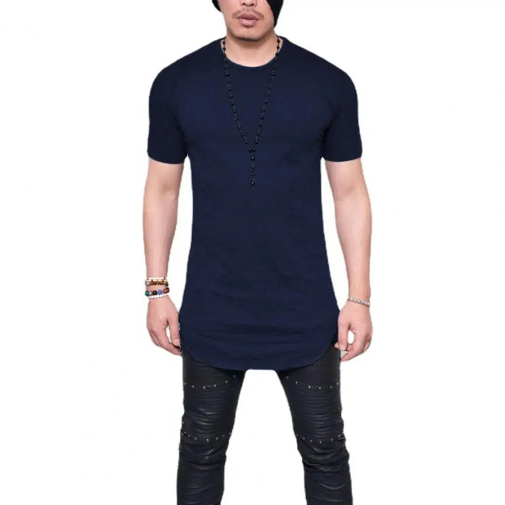 Men T-shirt Solid Color Round Neck Curved Hem Navy Blue