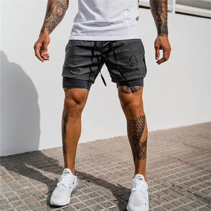 NEW 2 IN 1 Sport Running Casual Breathable Shorts Men Double-deck Jogging Quick Dry GYM Shorts Fitness Workout Men Shorts grey