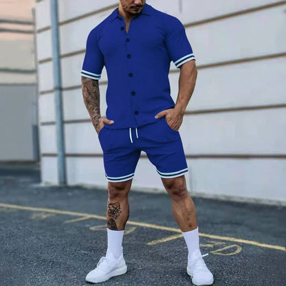 Popular Men's Summer Polo Cardigan Solid Short Sleeve Shorts Two Piece Casual Set SapphireBlue