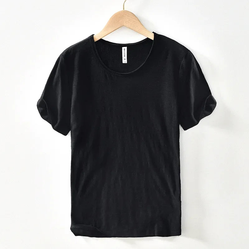 Retro Raw Edge T-Shirt for Men, 100% Cotton, Lightweight,Breathable,Slim-fit, Monochromatic, O-Neck, Casual Basic Top Black