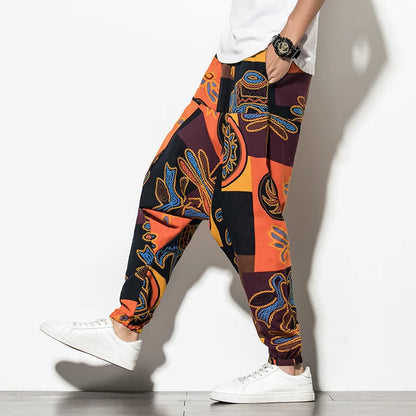 Prints Cotton Joggers Men Baggy Hippie Boho Drop Pants orange color