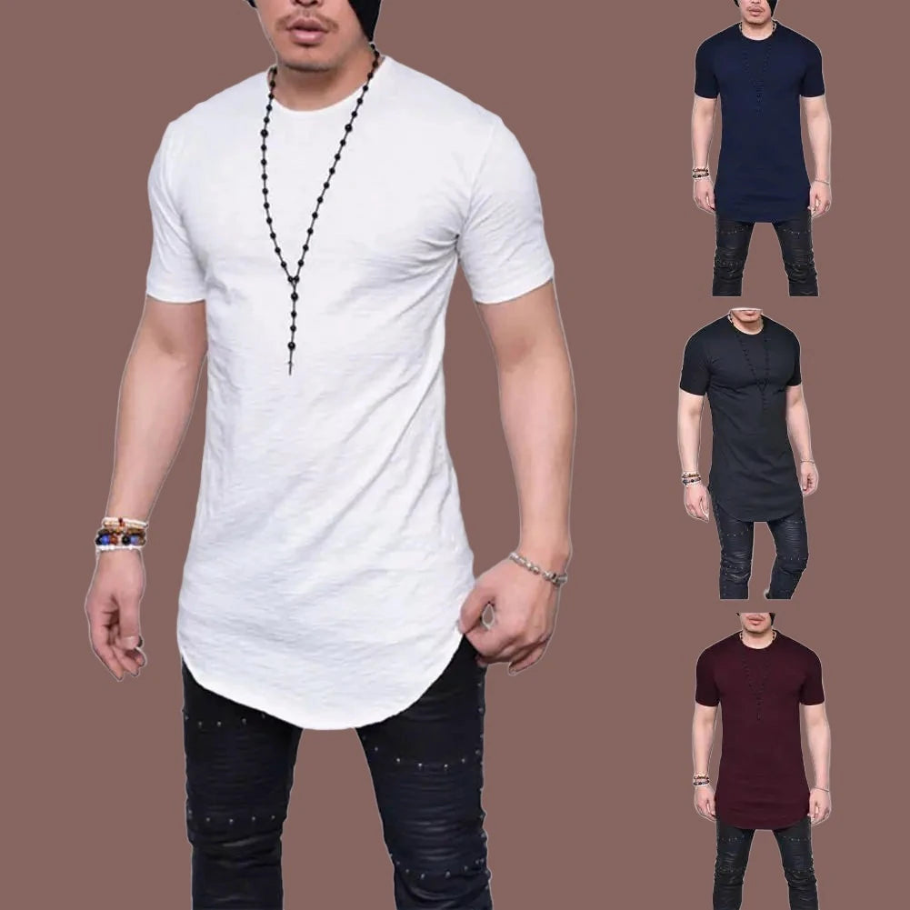 Men T-shirt Solid Color Round Neck Curved Hem