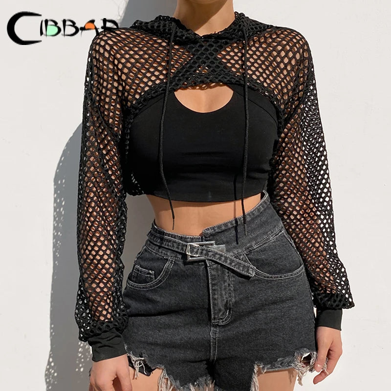 Street Style Fishnet Holes T Shirt See Through Hollow Out Hooded Full Sleeve Crop Top Women Casual Loose Shirt Smock Fall