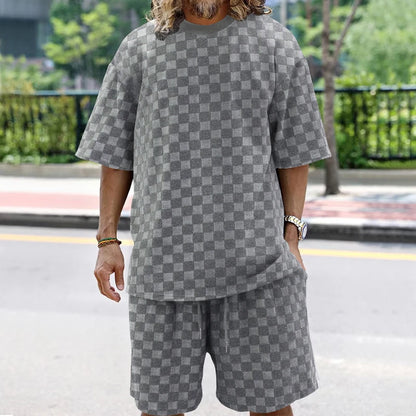 Men's casual sports suit Solid color checkerboard stylish men's casual suit for the summer out casual street trend Light grey