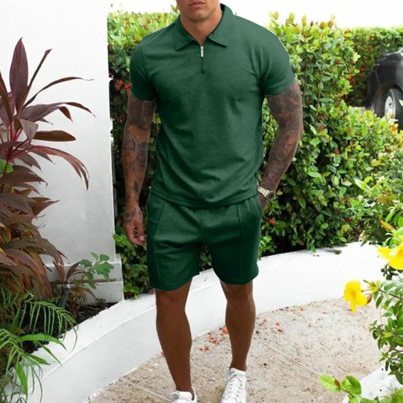 Summer Clothing Men's Luxury Tracksuit Set Casual Short Sleeve Solid Color Polo Shirt+Shorts Streetwear 2 Piece Suit 2024 New Green