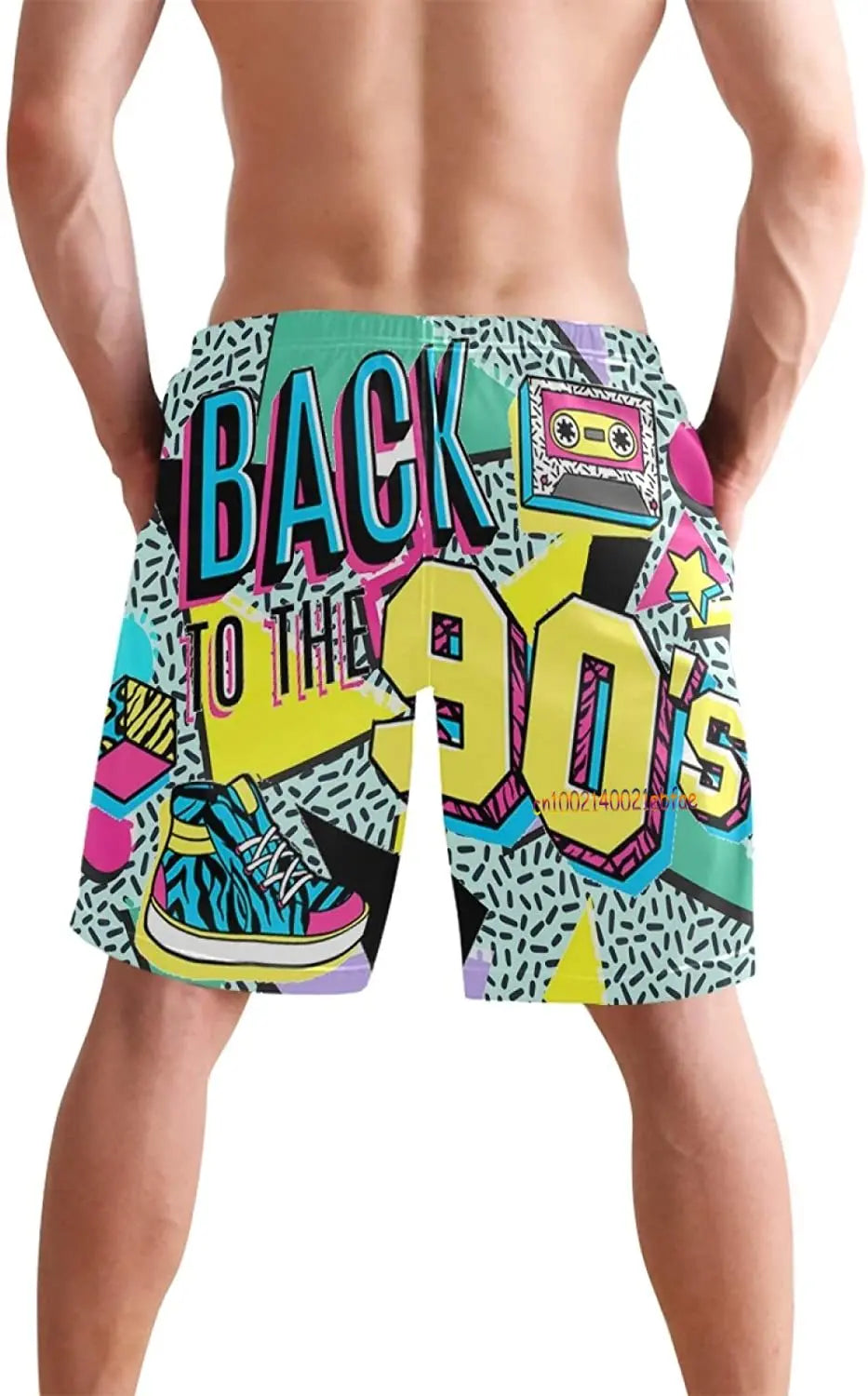 Funny Retro 80s 90s Icons Mens Swim Trunks Quick Dry Beach Board Shorts Summer Surf Boardshorts with Side Pockets High Quality