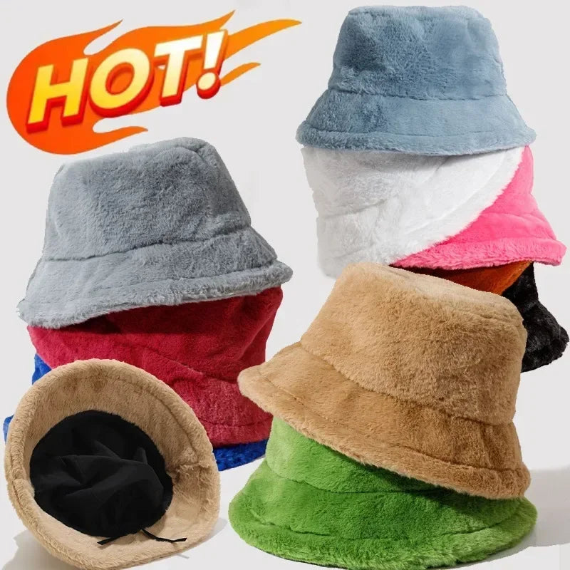 Winter Rabbit Plush Fisherman Hats Colorful Girl Fashion Bucket Hat Warm Windproof Cold-proof Wide Brim Lady Women Artist Cap