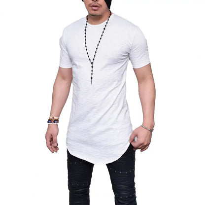 Men T-shirt Solid Color Round Neck Curved Hem WHITE