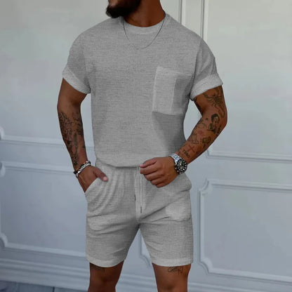 Cross-border summer European and American trend waffle round neck pocket short-sleeved shorts suit casual sports suit for m GRAY