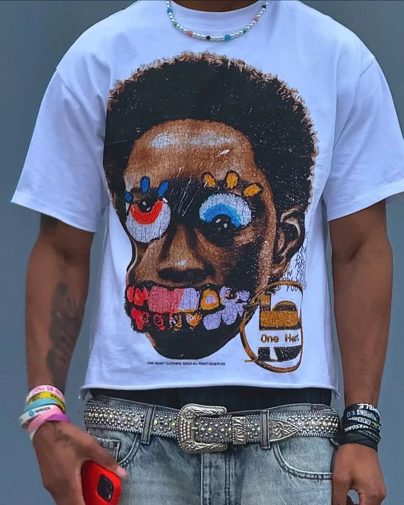 American Gothic trend big head print oversized T-shirt men's Y2K street hip-hop Harajuku casual fashion short-sleeved top