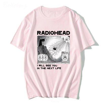 I Will See You In The Next Life Radiohead T Shirt Rock Band Vintage Unisex Music Fans Print Men Women Short Sleeve Tees 1-Pink