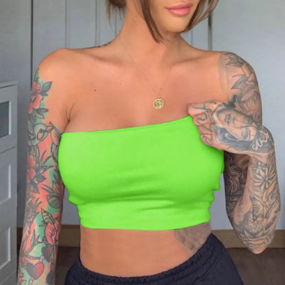 HOT Sexy Short Vest Crop Tops For Women Summer Fashion Seamless Bright Solid Color Stretch Strapless Tank Tops De Femmes Green