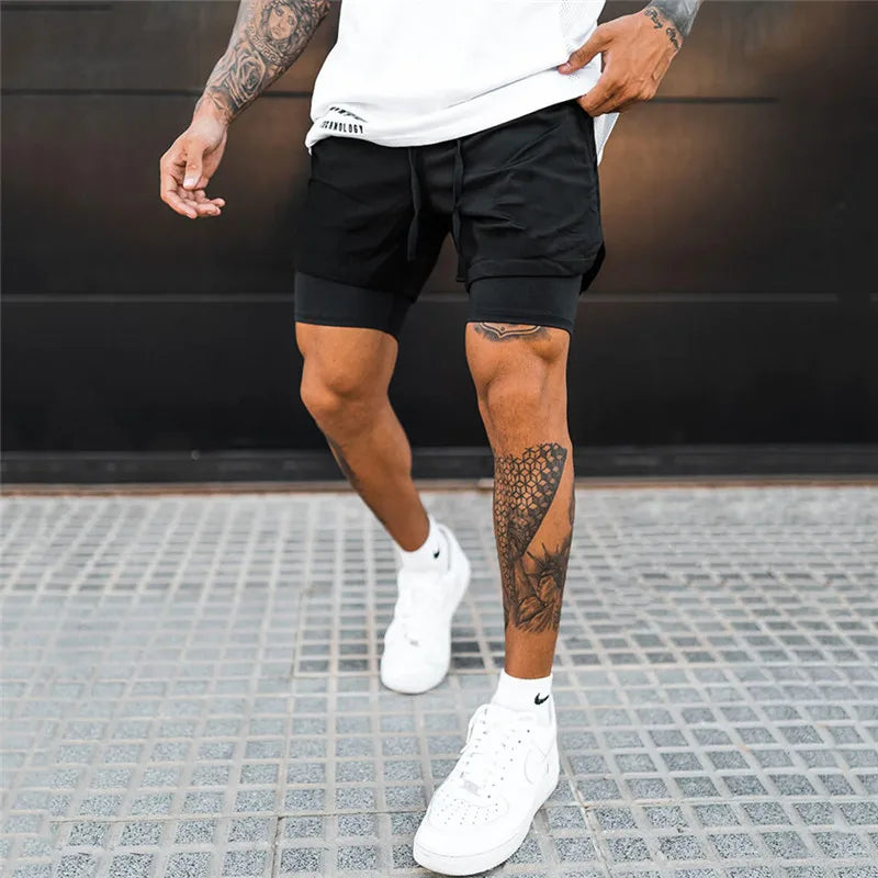 NEW 2 IN 1 Sport Running Casual Breathable Shorts Men Double-deck Jogging Quick Dry GYM Shorts Fitness Workout Men Shorts black no logo