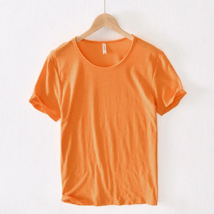 Retro Raw Edge T-Shirt for Men, 100% Cotton, Lightweight,Breathable,Slim-fit, Monochromatic, O-Neck, Casual Basic Top Orange