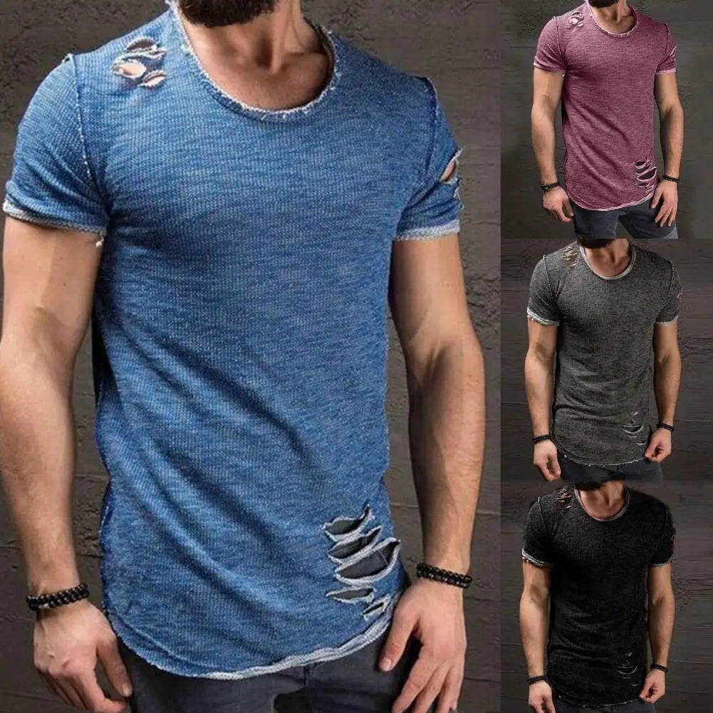 Cotton Blend Stylish Hole Design Top Pullover Cloth Men Shirt Solid Color