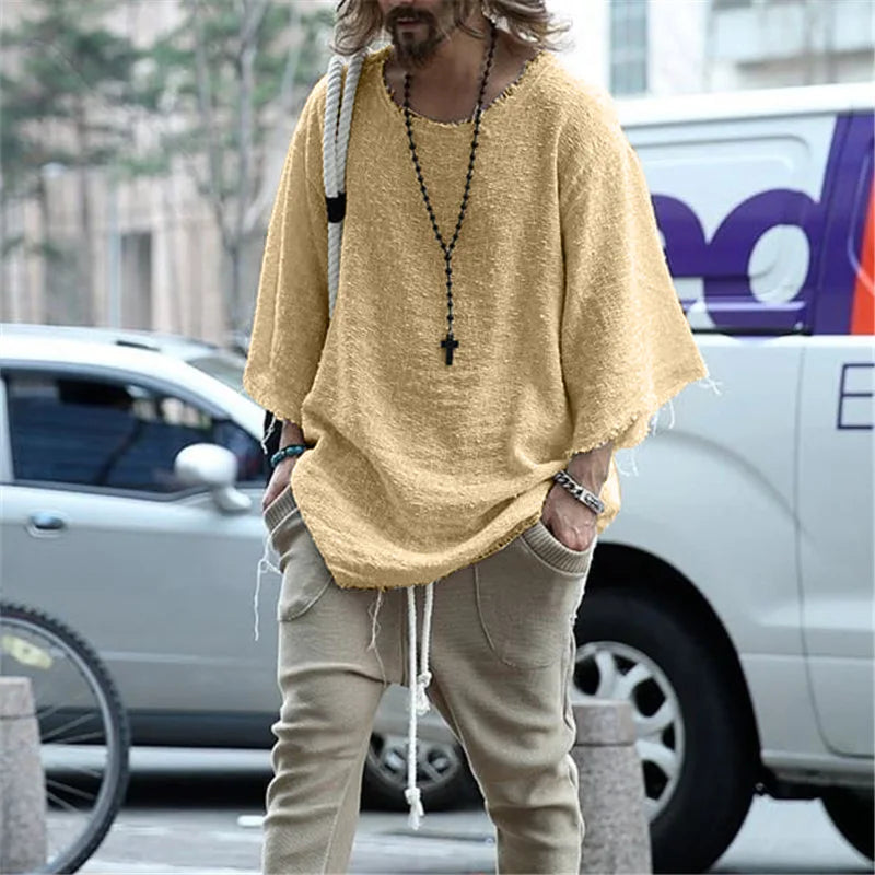 Long Sleeve O-neck T-shirt Men's Casual Loose Top Yellow Pack of 1