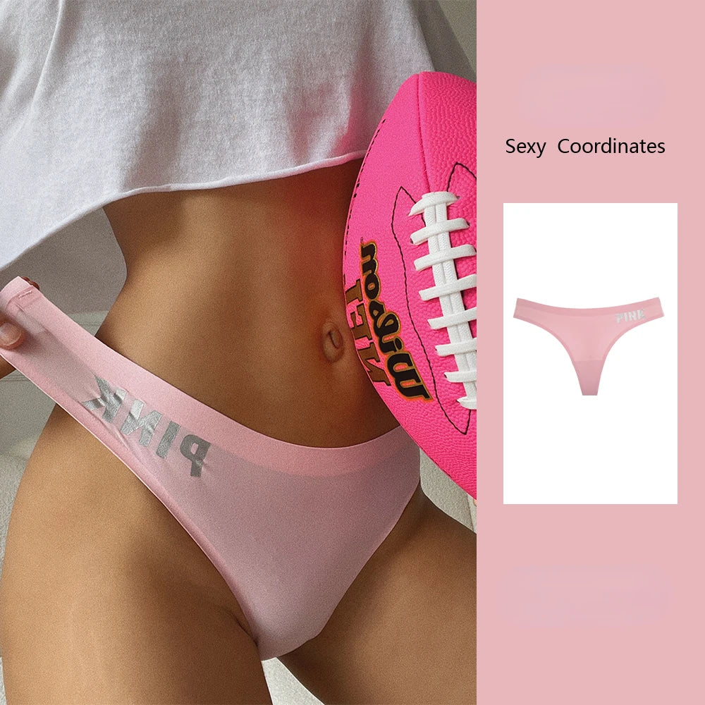 Pink Letter Ice Silk Sports Thong Thin Sexy Women Underwear Summer Breathable Traceless Panties Fitness Seamless Briefs Pink