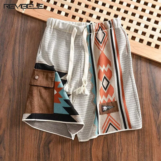 Boho Vintage Shorts Men's Navajo Knitted Color-blocked Short Trousers Summer Casual Loose Beach Shorts Thin Breathable Pants