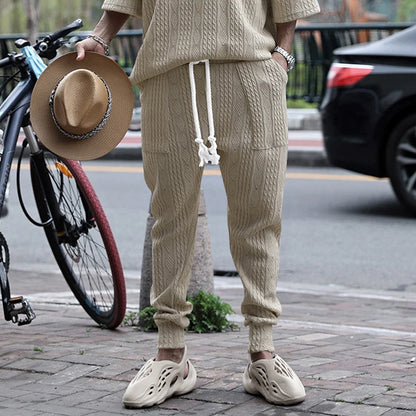 Spring and autumn new men's casual pants loose jacquard knit footband men's sports pants Khaki CHINA