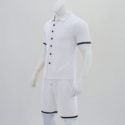 Popular Men's Summer Polo Cardigan Solid Short Sleeve Shorts Two Piece Casual Set