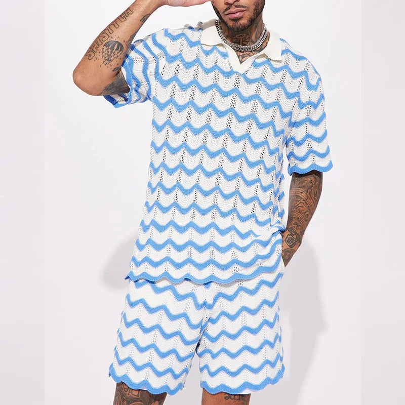 Knitted V-Neck Pullover Shorts Two Piece Set Summer Knitted Short Sleeve Set Mens Fashion Wave Pattern Contrast Sport Casual Set Sky blue