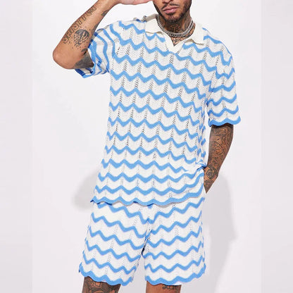 Knitted V-Neck Pullover Shorts Two Piece Set Summer Knitted Short Sleeve Set Mens Fashion Wave Pattern Contrast Sport Casual Set Sky blue