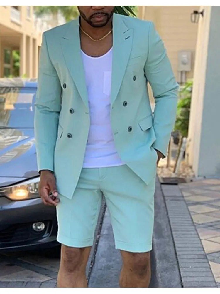 Men's Blazer & Shorts Set Elegant Plain Lapel Collar Double Breasted Blazer & Shorts 2Pcs Set Green