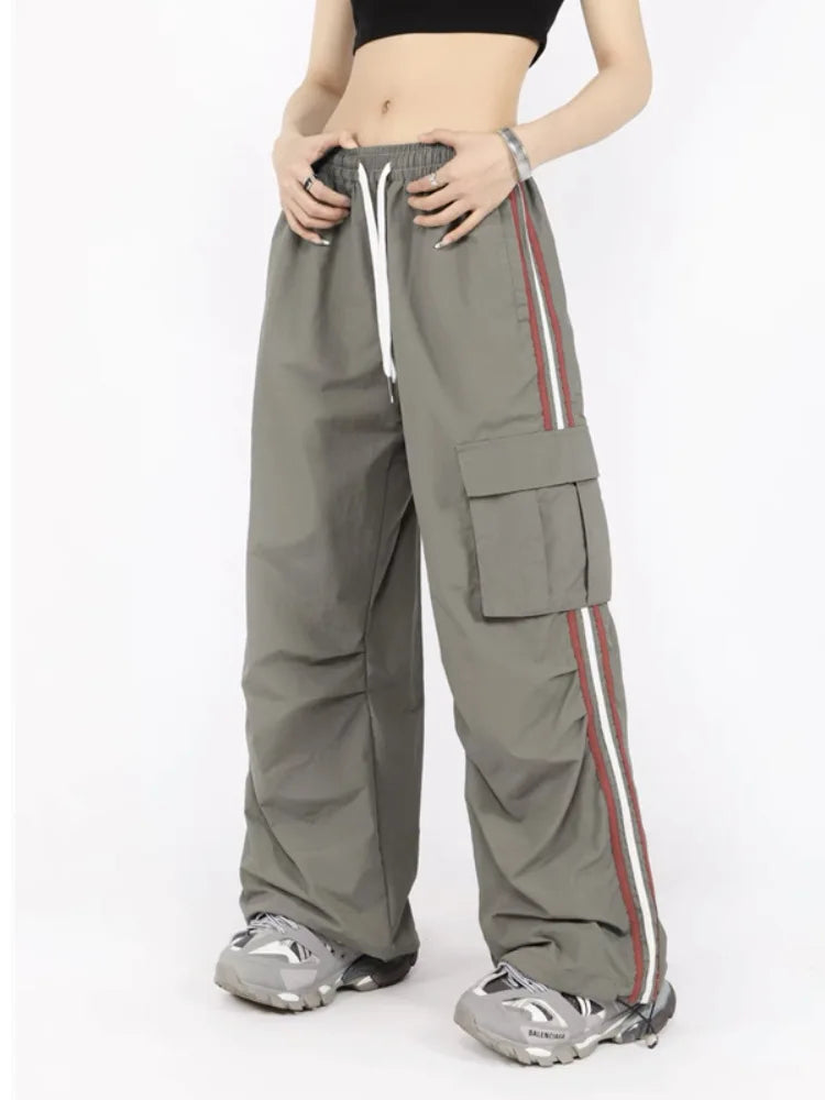 Y2K Kpop Cargo Pant Women Drawstring Pockets Wide Leg Chic Punk Pants Baggy Striped Sports Sweatpants Parachute Jogger Trousers army green