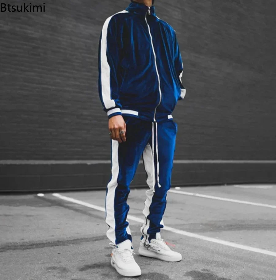 New 2024 Spring Autumn Men's Velvet Set Sport Suit Male Velour Thick Hoodies+ Pants Warm Sweatshirt Sportswear Tracksuit For Men