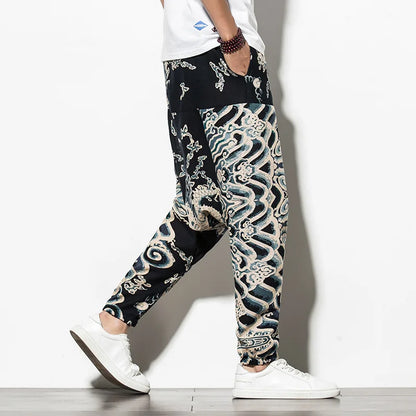 Prints Cotton Joggers Men Baggy Hippie Boho Drop Pants