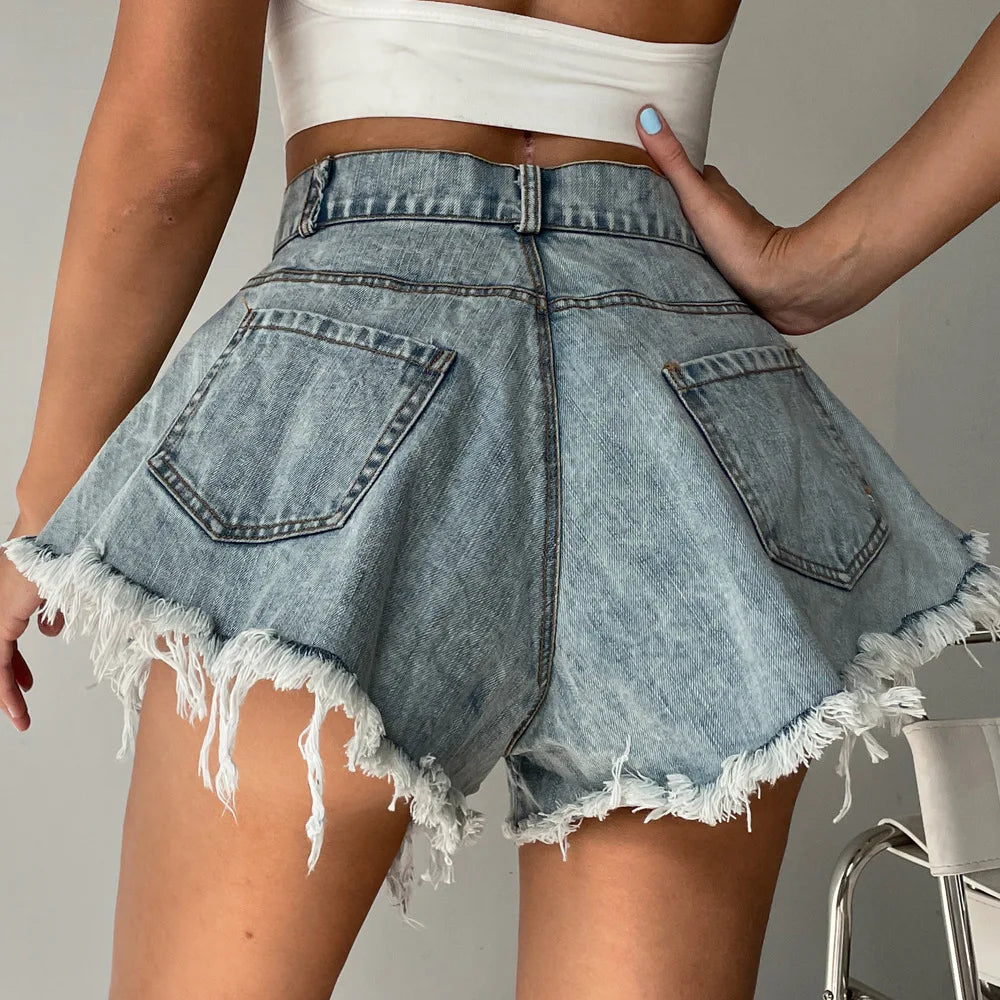 Women Denim Shorts feminino Wide Leg Flare Fringe Trendy Hot Distressed