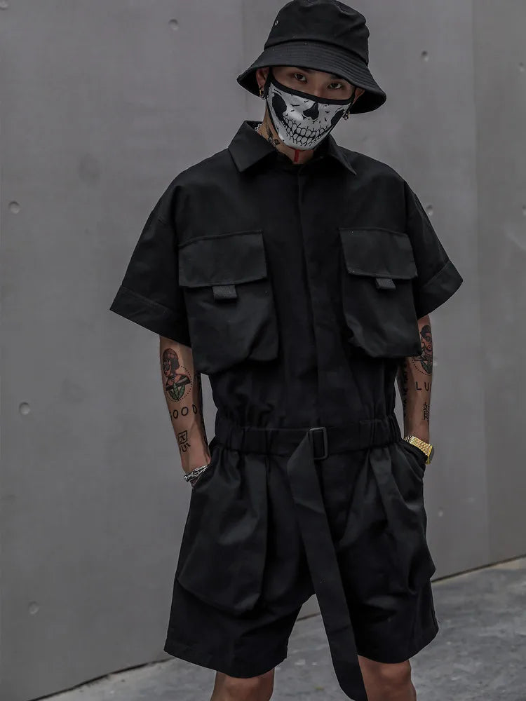 HOUZHOU Techwear Short Jumpsuit for Men Black Bodysuits Overalls Men Green Male Japanese Streetwear Summer Pockets Hip Hop