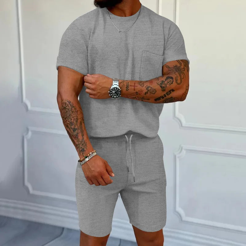 Cross-border summer European and American trend waffle round neck pocket short-sleeved shorts suit casual sports suit for m