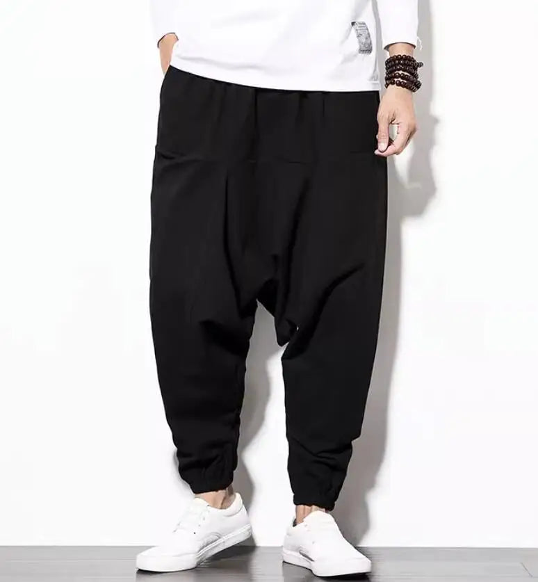 Streetwear Harem Pants Men Hip-hop Drop Crotch Cotton Joggers Wide Leg Pants Trousers Men Chic Loose Pantalones Hombre black